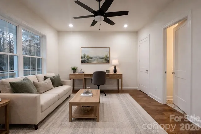a view of a porch with wooden floor