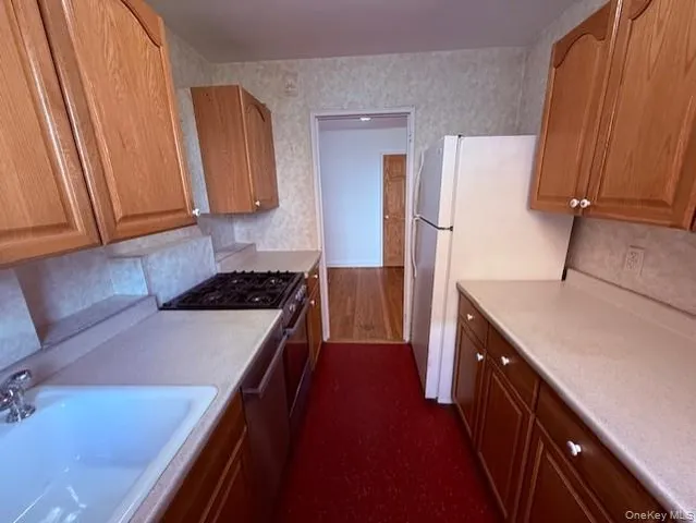 a kitchen with a sink a stove top oven a refrigerator and cabinets