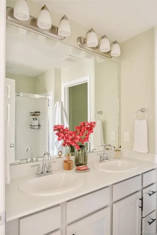 a bathroom with a sink vanity and a mirror