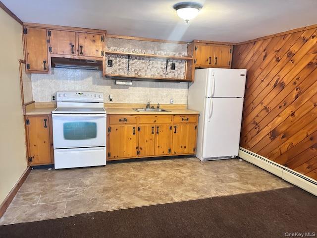 64 Yankee Lake Road Wurtsboro, NY 12790 - Photo 2 of 5 Kitchen featuring white appliances, light countertops, open shelves, and wood finish cabinets