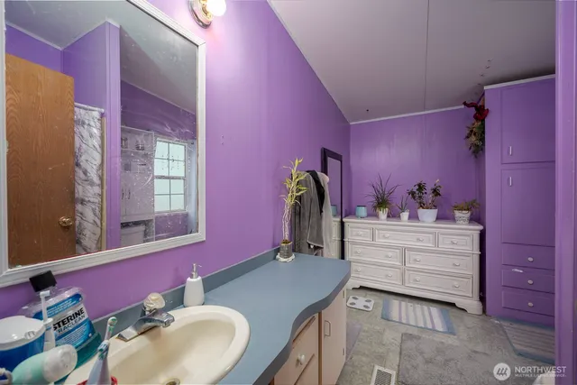 a bathroom with a sink vanity tub and a mirror