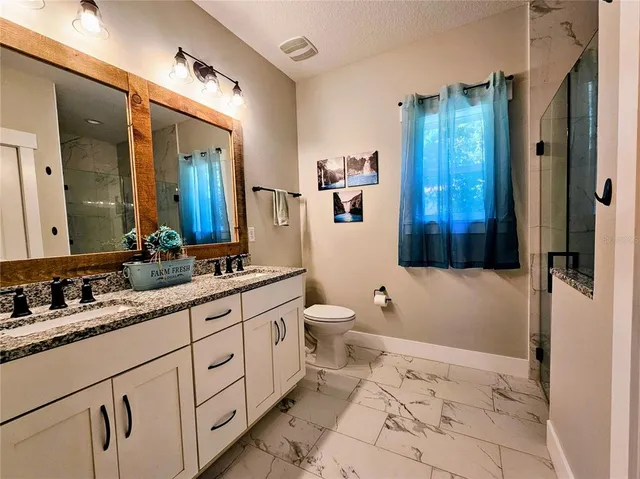 a bathroom with a double vanity sink toilet mirror and shower