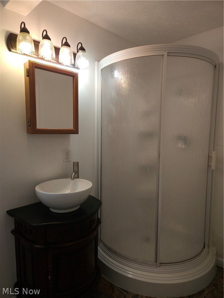 4660 Darrow Road Stow, OH 44224 - Photo 17 of 25 First floor bathroom featuring a round vessel sink atop dark cabinetry, wood-framed mirror with integrated lighting, and a curved glass-enclosed shower enclosure with frosted panels. Laundry hookups on other wall.