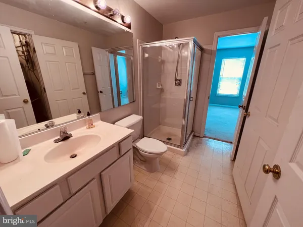a bathroom with a sink a toilet a mirror and shower