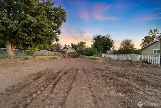 a view of a backyard with large trees