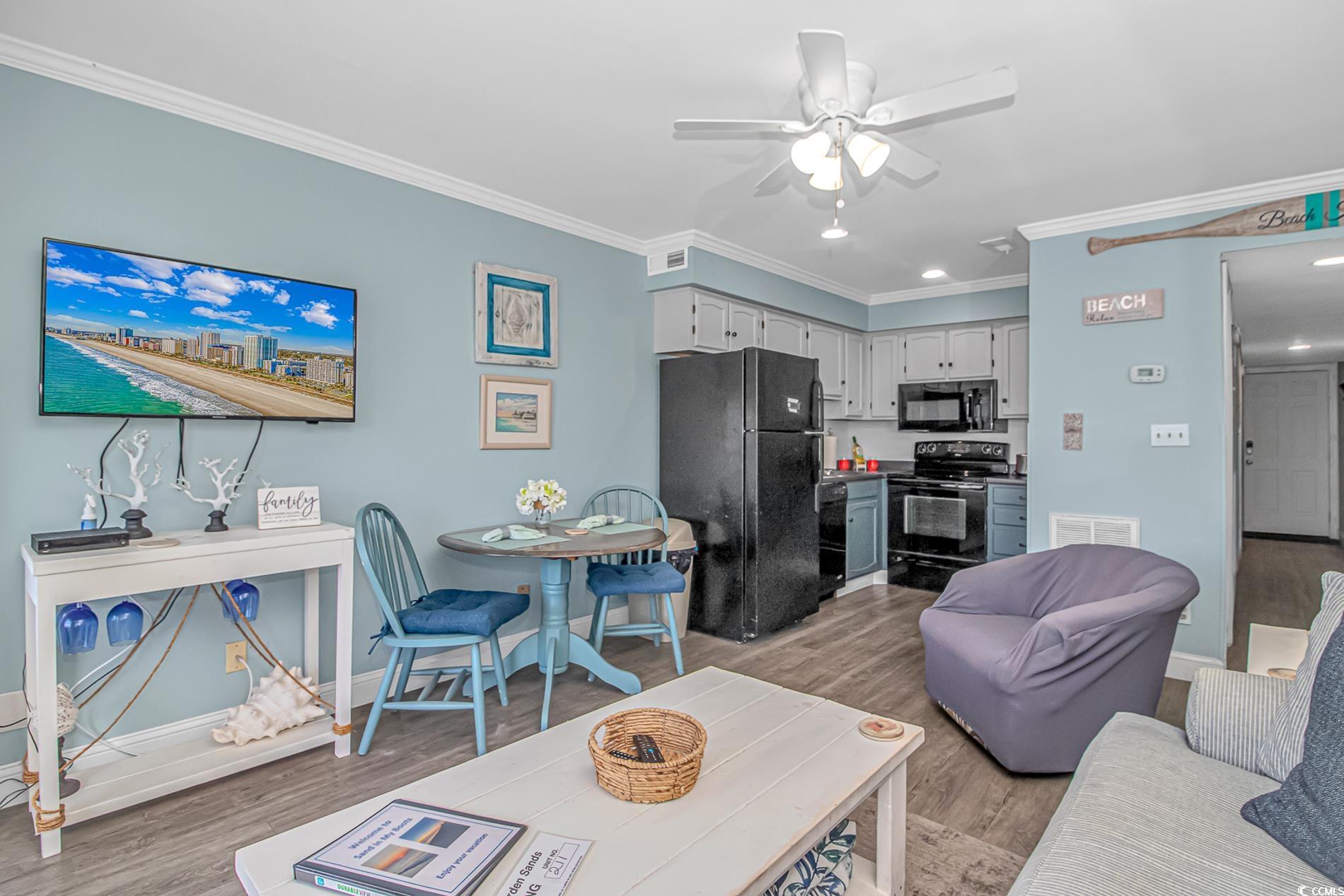 301 North Waccamaw Drive, Unit 211 Murrells Inlet, SC 29576 - Photo 4 of 37 Living area featuring ornamental molding, light wood-style flooring, a ceiling fan, and recessed lighting