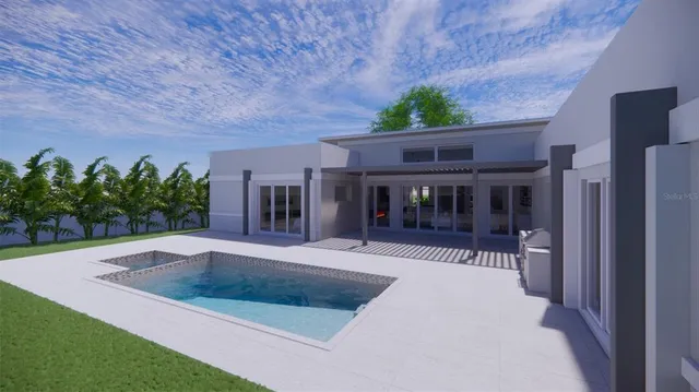 a front view of house with yard and outdoor seating