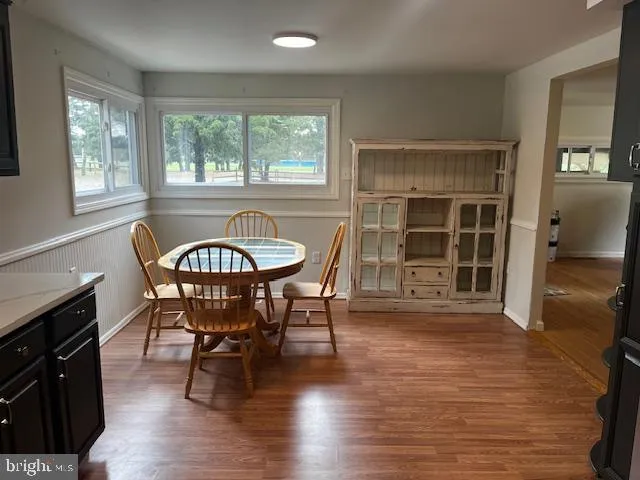 a view of a dining room with furniture window and wooden floor