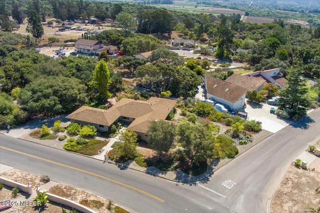 an aerial view of a house with a yard and potted plants
