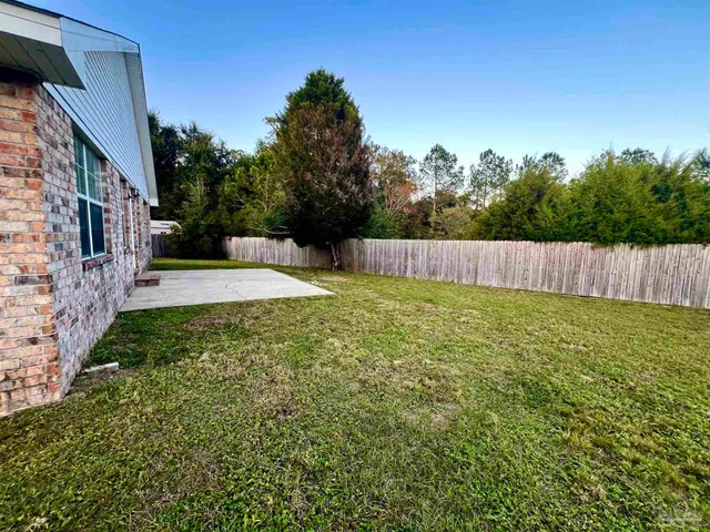 a view of a backyard with a tree