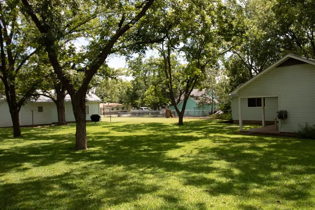 a view of backyard of house with green space