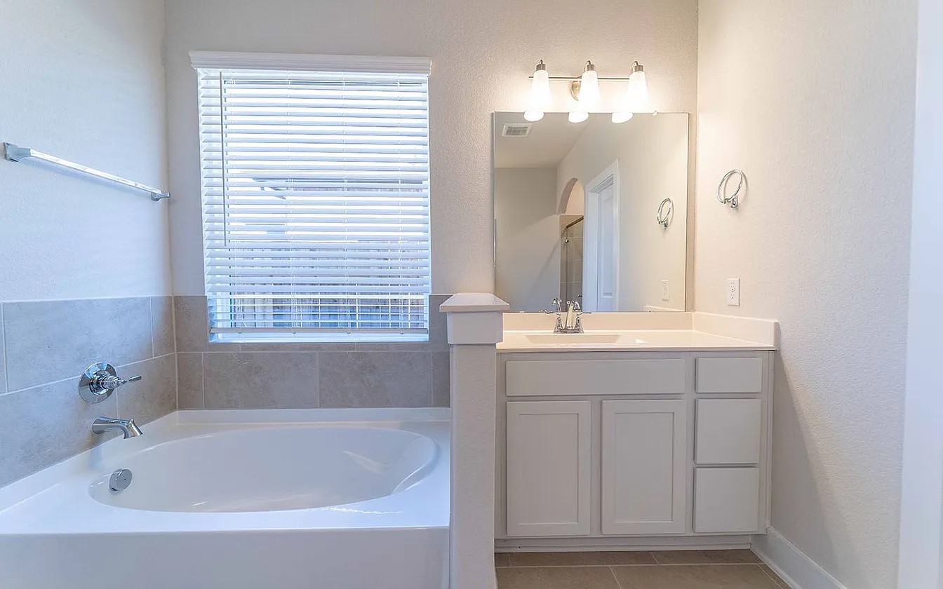 450 Durian Loop Buda, TX 78610 - Photo 6 of 17 A well-appointed bathroom offers a deep soaking tub and a sleek vanity with ample counter space.
