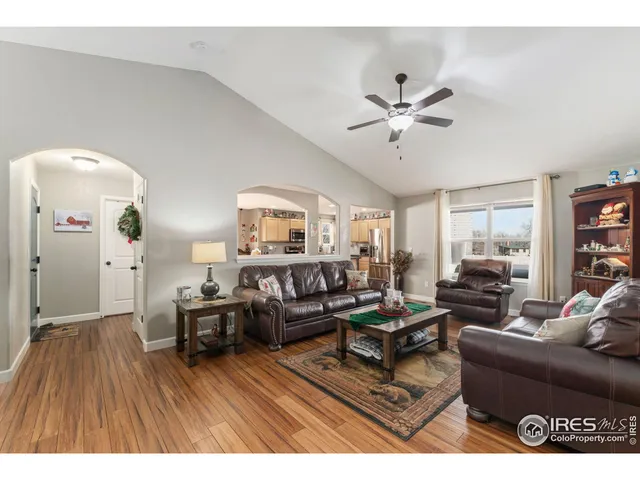 a living room with furniture a ceiling fan and a rug