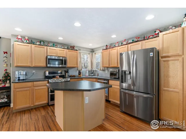 a kitchen with stainless steel appliances granite countertop a refrigerator a stove a sink and a microwave