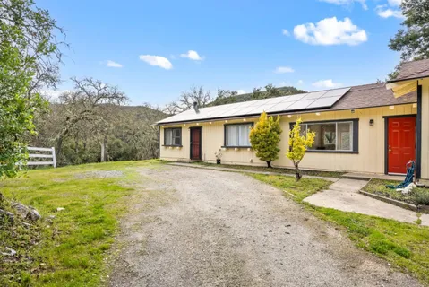 a view of a house with backyard and a tree