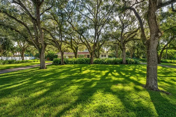 a view of grassy field with benches