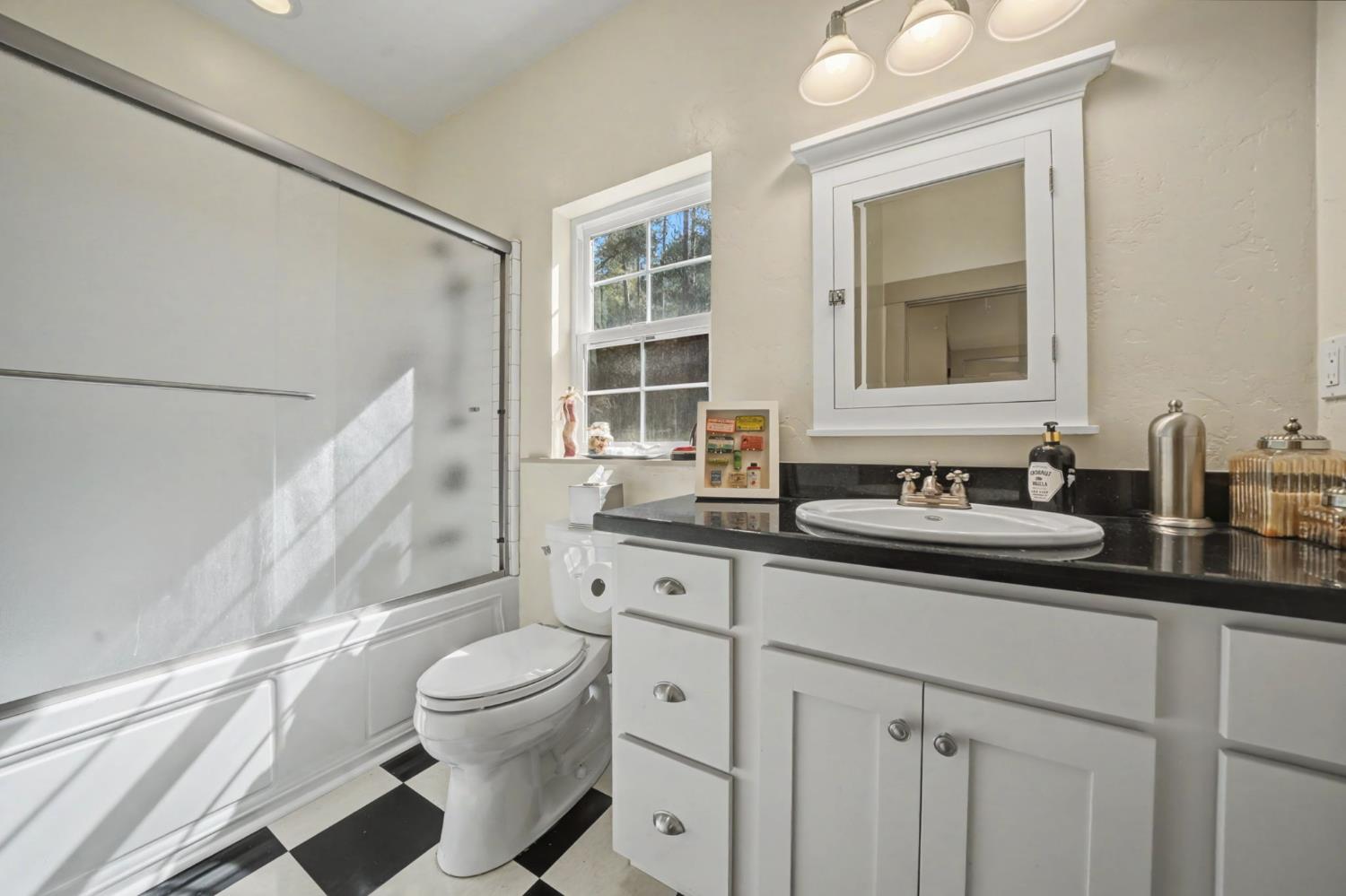 14232 Sutter Creek Road Sutter Creek, CA 95685 - Photo 35 of 57 a bathroom with a granite countertop sink toilet a mirror and shower