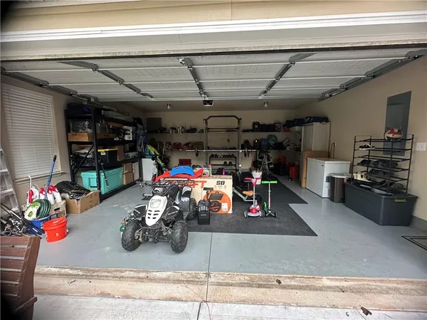 a view of a garage with storage