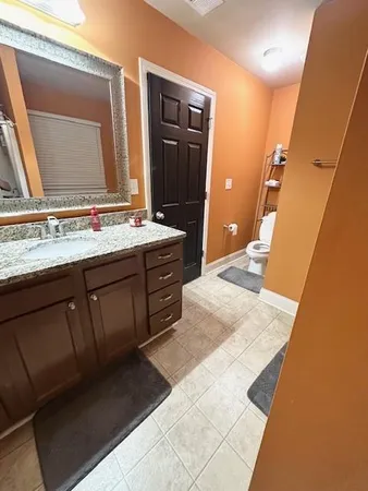 a bathroom with a double vanity sink toilet and shower