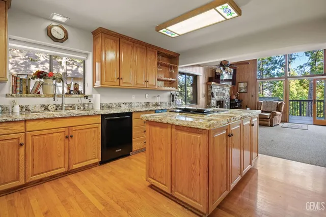 a kitchen with stainless steel appliances granite countertop a stove a sink dishwasher and a microwave oven with cabinets