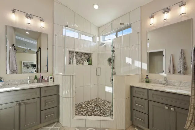 an aerial view of a house with a garden