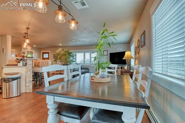 a view of a dining room with furniture and a potted plant