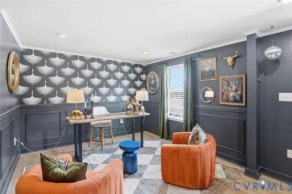 a living room with furniture and a table