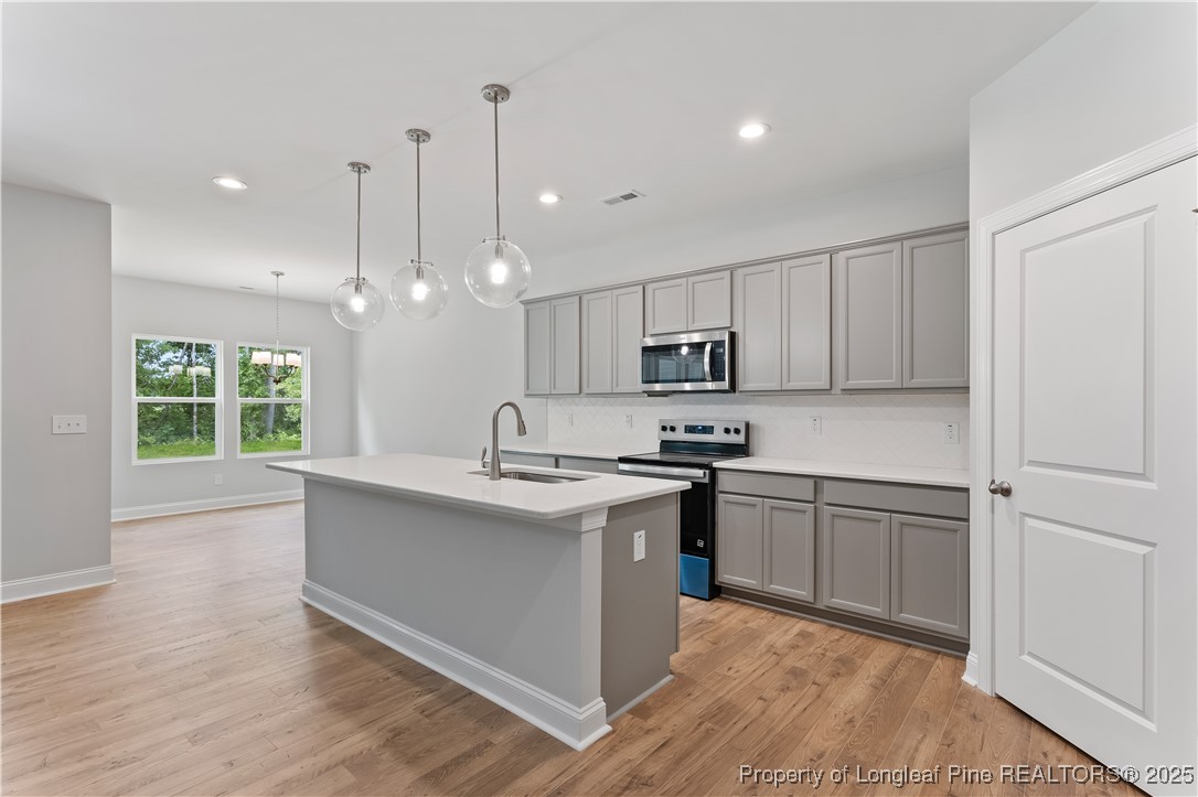 3117 Wolfpack Lane Eastover, NC 28312 - Photo 22 of 45 a kitchen with stainless steel appliances granite countertop a sink a stove and a wooden floors