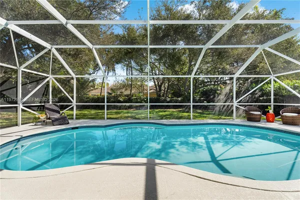 a view of a backyard with a swimming pool