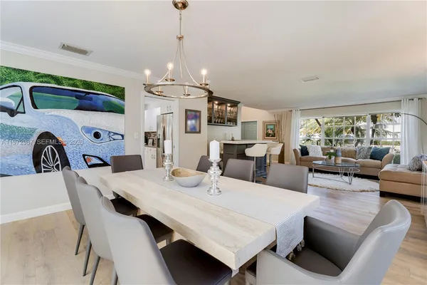 a view of a dining room with furniture