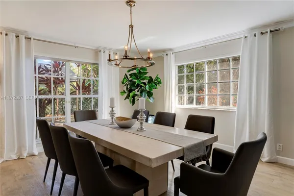 a view of a dining room with furniture window and outside view