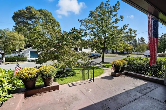 a view of a garden with a bench