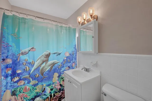 a bathroom with a sink mirror and vanity