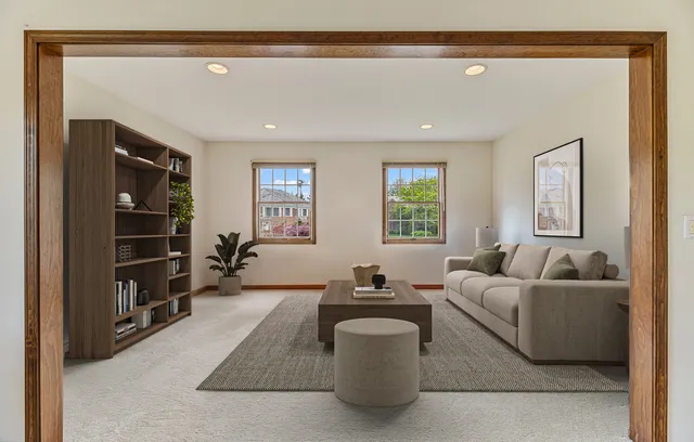 a living room with furniture a lamp and window