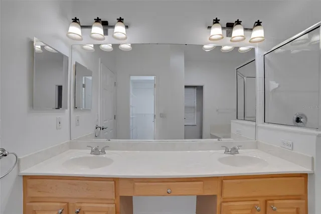 a bathroom with a sink vanity and a mirror