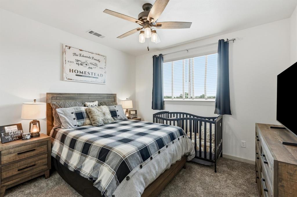 6020 Honeysuckle Road Midlothian, TX 76065 - Photo 22 of 39 Carpeted room featuring a ceiling fan with integrated lighting, a window with blinds, and light-toned walls
