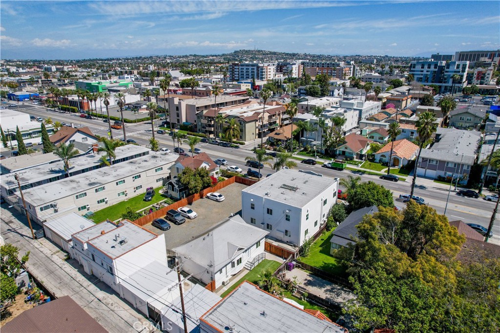 an aerial view of a house with a garden