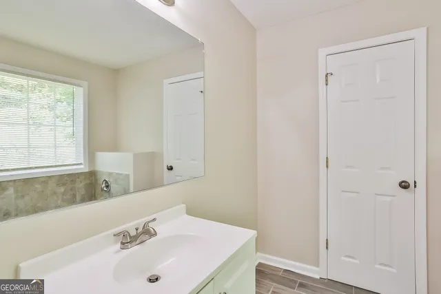 a bathroom with a sink and a large mirror