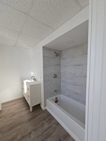 a bathroom with a bathtub and shower