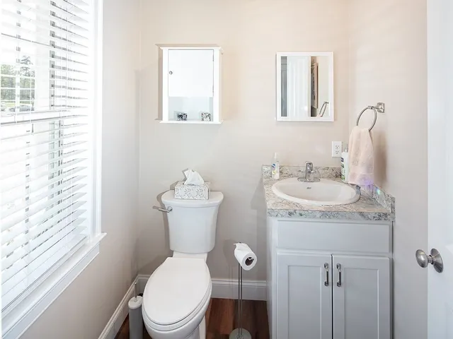 a bathroom with a toilet sink and mirror