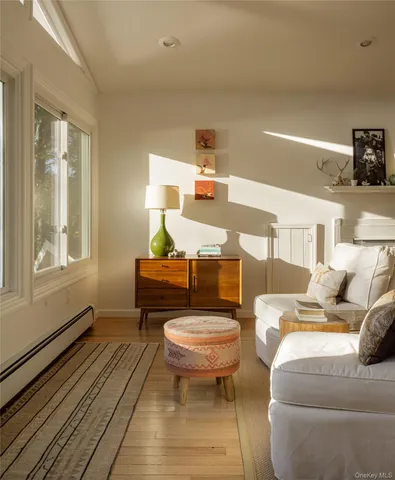 a living room with furniture a rug and a window