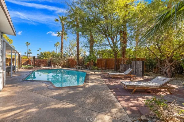 a view of a backyard with large trees