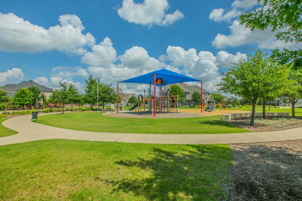 2521 Maidenhair Road Frisco, TX 75033 - Photo 30 of 39 Outdoor recreational area featuring a covered play structure, open green space, paved walking paths, and mature trees