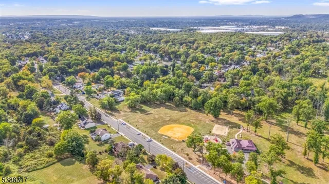 a view of a city with lush green forest
