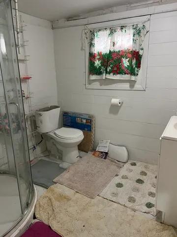 a bathroom with a toilet and a shower