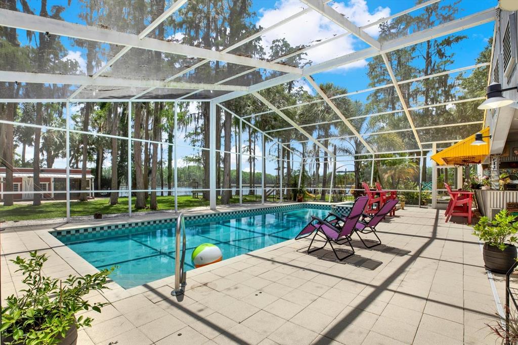 4541 School Road Land O' Lakes, FL 34638 - Photo 54 of 68 a view of a swimming pool with a porch and a yard