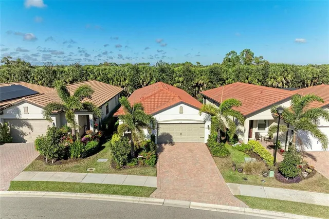 an aerial view of a house with a yard and potted plants