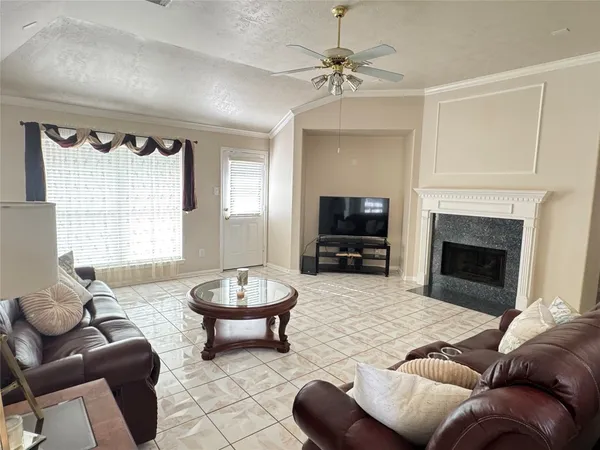a living room with furniture a fireplace and a flat screen tv