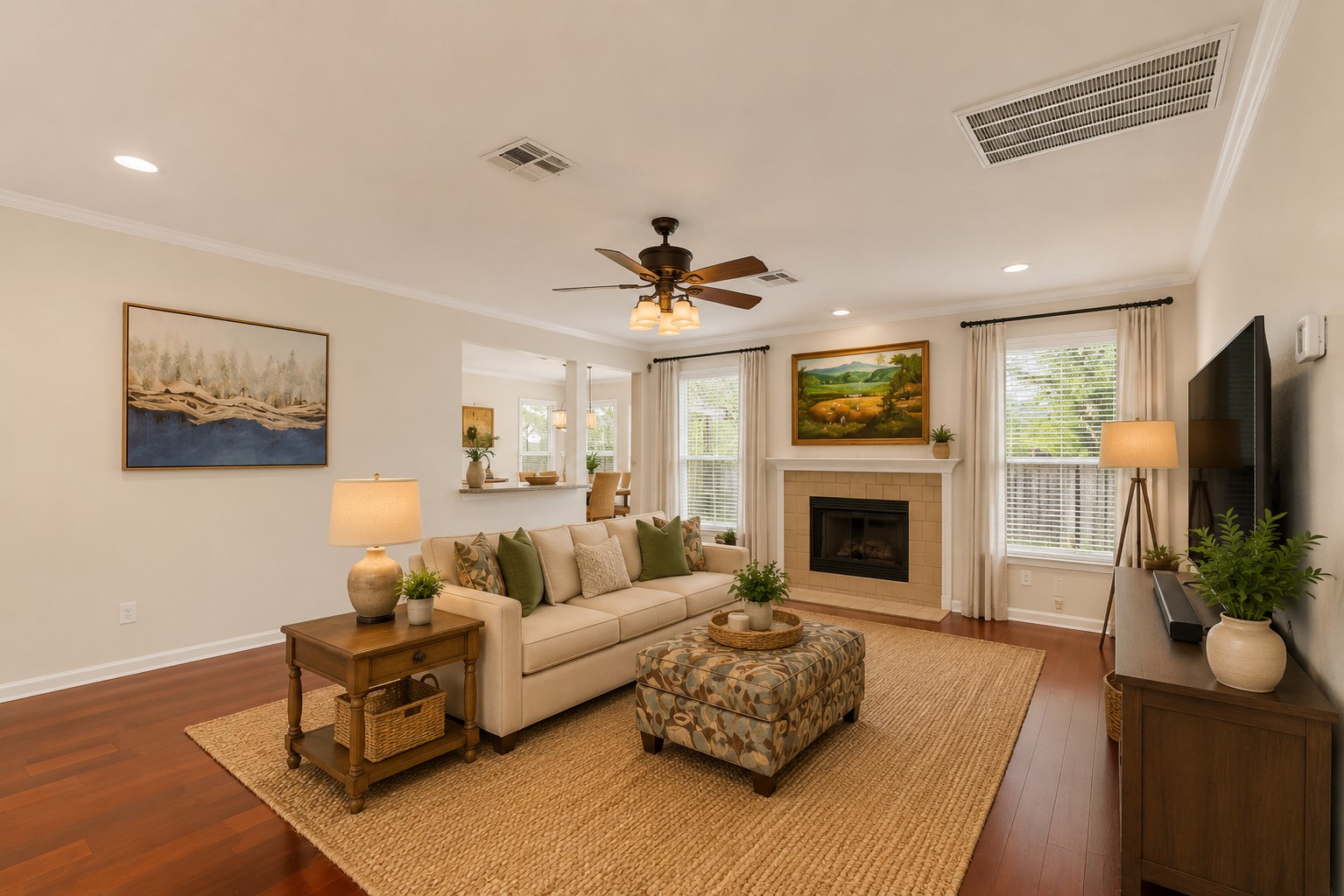 12528 Labrador Cove Austin, TX 78729 - Photo 10 of 40 Virtually Staged | Spacious family room featuring rich hardwood floors, a cozy fireplace, abundant natural light, and an open-concept design. Pottery Barn-inspired furnishings showcase the room’s warmth, functionality, and exceptional entertaining potential. Furnishings shown are for visualization purposes only.
