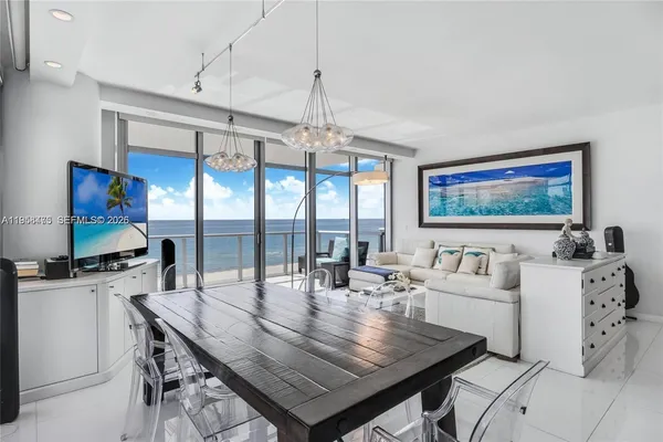 a living room with furniture tv and a large window